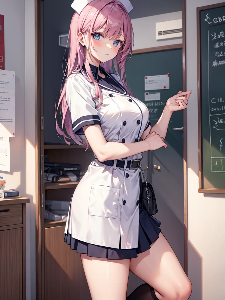 School nurse's office、One Girl、In underwear、body measurement、Measuring bust size、Place a tape measure on your chest、Raise your arms、△ Mouth、blush、