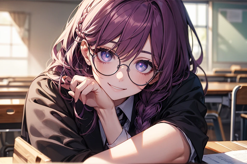 men's,single braid hair,violet colored hair,(Eye 1:2,Clear eyes,Elaborate Eyes,Delicate pupils,Good eyes,eye detailed),Face Focus,Adult,In black suit,best qualtiy,facial detailing,Classroom,sit on desk,sitting in the couch,lazy,Detailed background,diffuse sunlight,depth of fields,Studying Smiling at your desk, violet eyes,black gloves, round glasses, long sleeves,violet hair, smile,