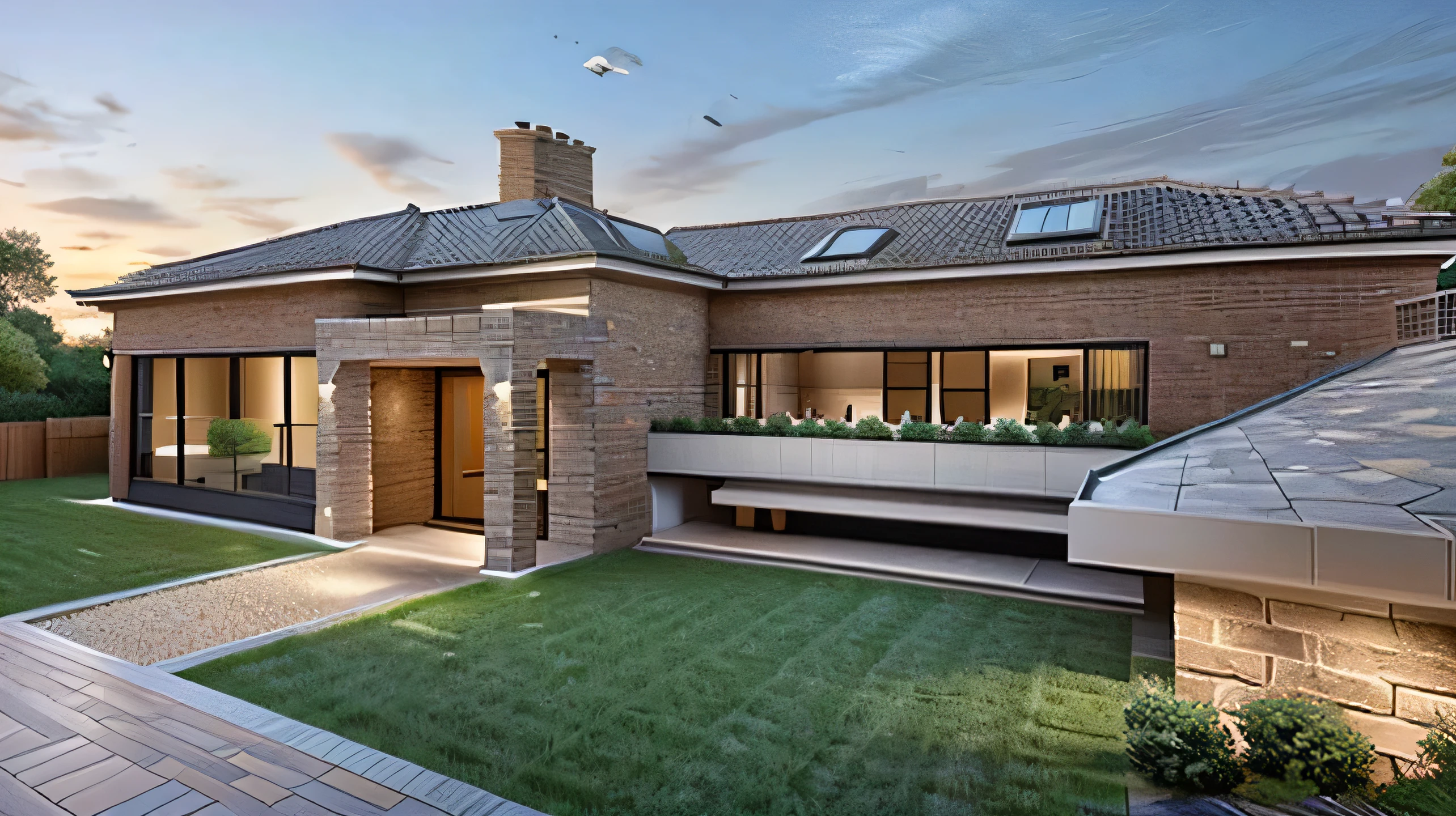 a photograph of a house with exposed brick walls, wooden and glass doors and windows, a shingle roof, a garden, access with a stone path