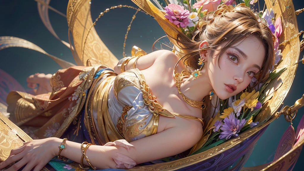 32K, 最高quality, 最高masterpiece, (ultra-Detailed Background, Detailed Background), Absurd, High resolution, Super detailed, Very detailedな, One girl, (bouquet:1.3), (Tangled:1.2), (Geometric:1.2),(colorful),(masterpiece, quality, best quality, Official Art, Beautiful and beautiful:1.2), (1 girl:1.3), Very detailed,(colorful:1.1)(Flowers:1.3),Most detailed,(Tangled:1.2), whole body, (Abstract background:1.3), (Skin glows), (Many colors:1.4), ,(Earrings Jewelry:1.5), Pale yellow background,
