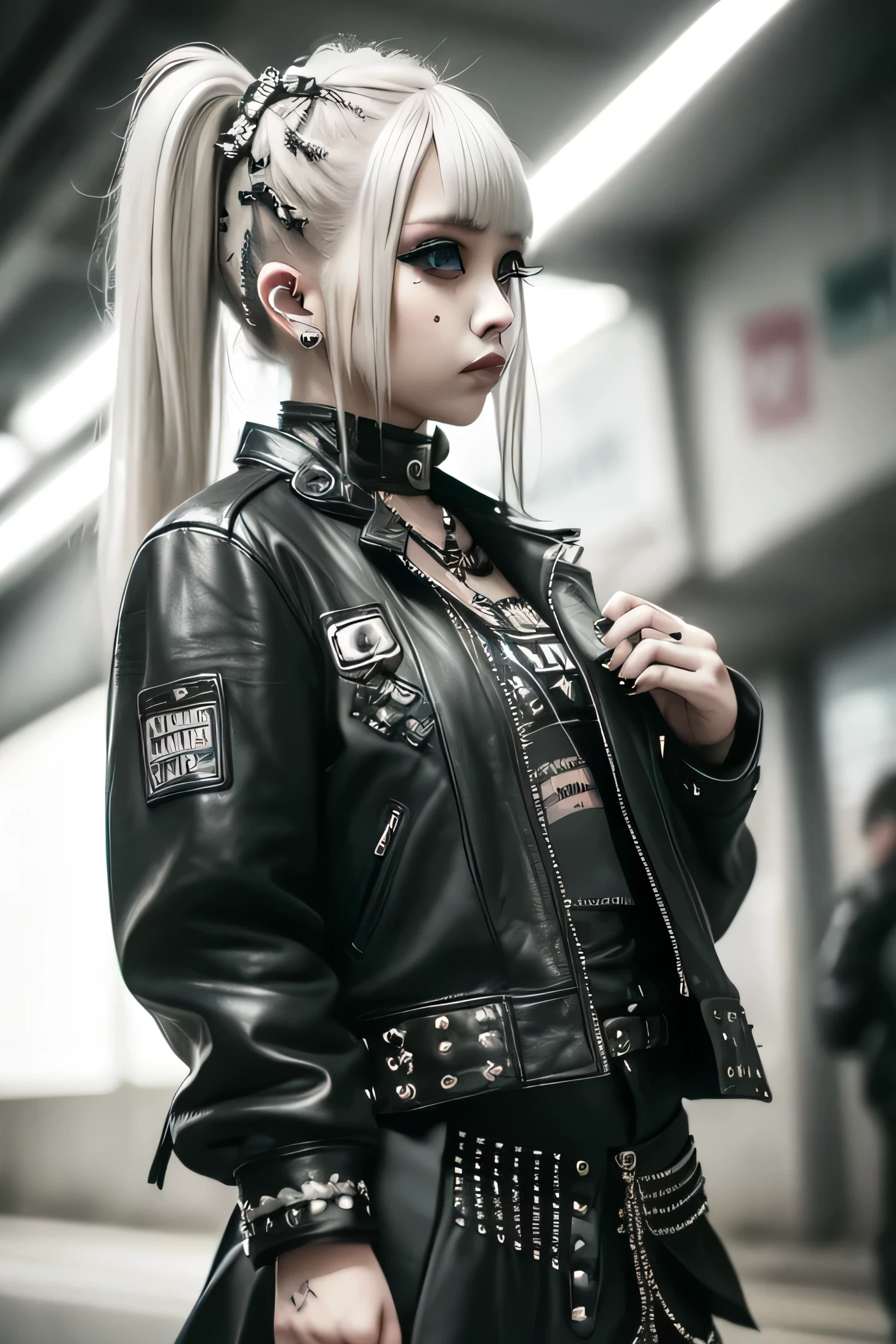 Wearing a punk leather jacket, leather trousers, beautiful woman, blonde pigtails, big beautiful eyes, big eyelashes, heavy make-up, musical notes and staves around her.

