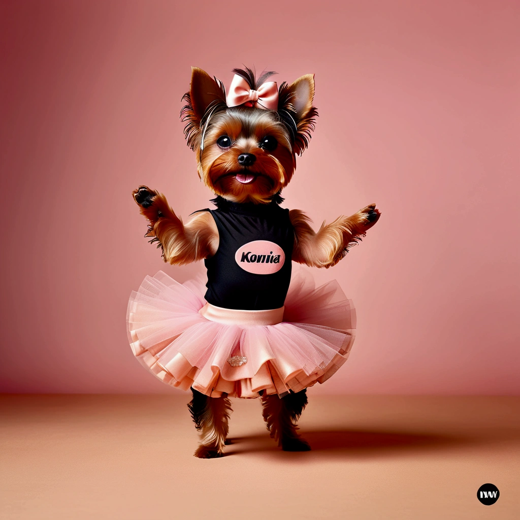 yorkie dog in a pink tutu, in the style of sacha goldberger, delicate modeling, light orange and dark brown, dance, vivienne tam, konica big mini, luxurious textures,  funky, retro, multicoloured,  vintage logo, logo,energetic dynamic pose vintage logo, 