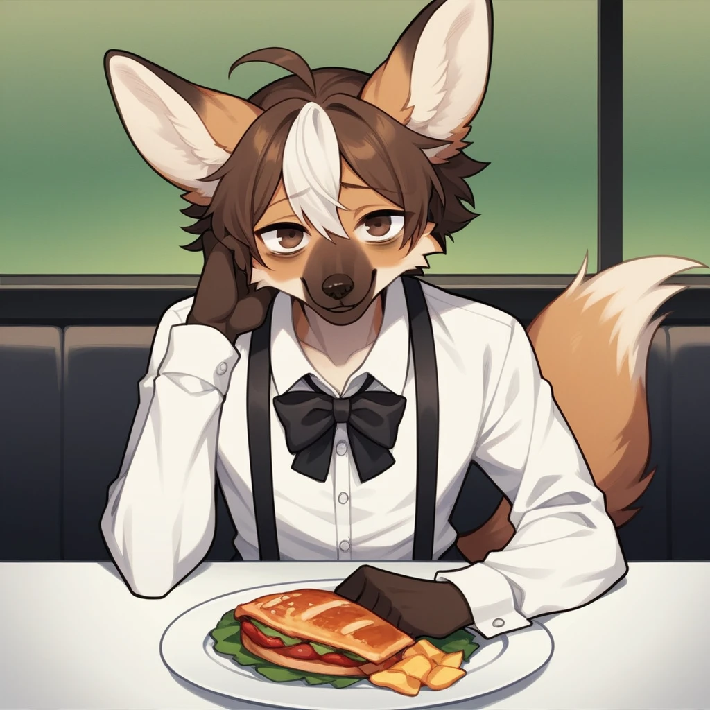 Solo, score_9, score_8_up, score_7_up, score_6_up, score_5_up, score_4_up, source_anime, Anthro, androgynous, anthro furry boy,  maned wolf, brown eyes, feminine, femboy tall, maned wolf tail, nice thighs, tall, long legs, short brown hair, white highlights on hair, low ponytail, side locks, snout, jitome, bags under eyes, front view, in a restaurant, fancy restaurant, pov, he is sitting across from viewer, sitting behind a dinner table, fancy dinner on the table, he looks nervous, fidgeting with his fingers, awkward smile, wearing white button up shirt, black bow tie, suspenders