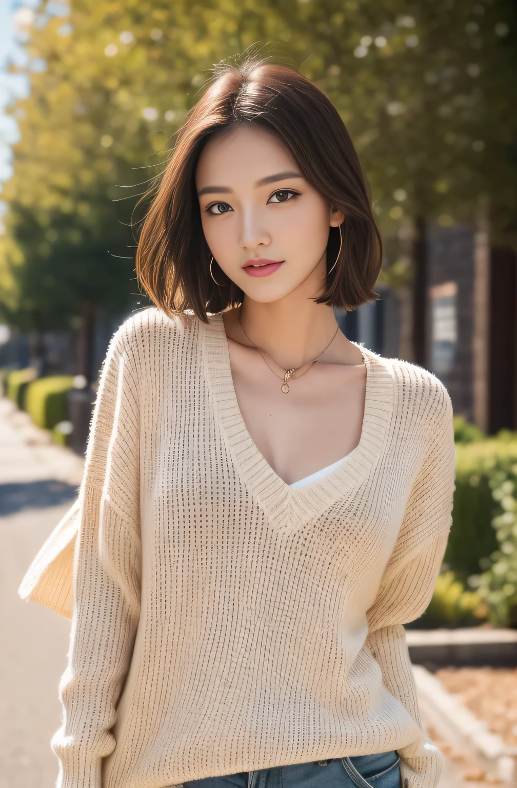 ((Highest quality、In 8K、masterpiece:1.3))、Beautiful Japanese Women、With dimples、with double teeth、Wear an open-leg sweater、Belly piercing