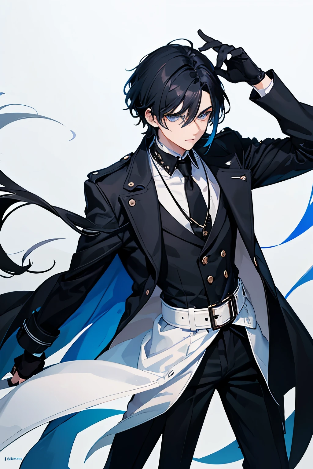 black haired boy with messy white locks, handsome and blue colored eyes wearing a black trench coat with black fingerless gloves
