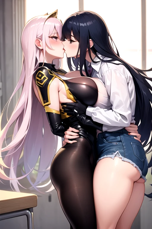 Lesbian (very long loose yellow hair)(big breasts, big thighs)(with  clothes it is very tight) that he is kissing at school with his girlfriend,(big breasts, big thighs)lesbian love