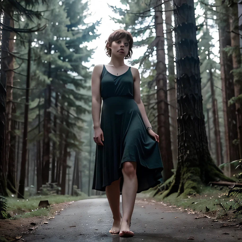 sofia lillis, thick and strong body, by the wide, moody atmosphere, tight dress, beautiful bare feet in a forest