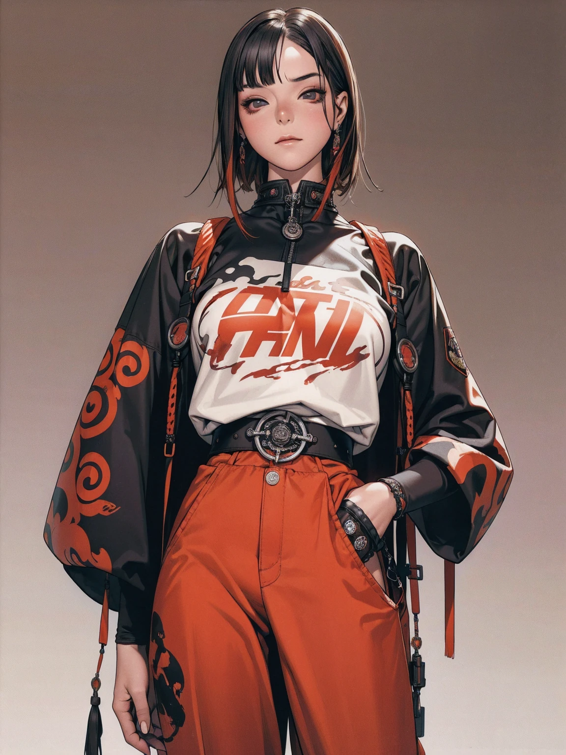 (best qualityer))), (((manga strokes))), (((black bob hair with straight bangs and red highlights))), (((baggy pants with bone print))), uma Kizi jovem muito bem vestida com roupas modernas de inverno, pants with military camouflage pattern, top gift vertical stripes, short jacket with dark fur collar, beautiful and expressive face, slightly-smile, big eyes with long black eyelashes, heavy make-up, chains and zippers spread across clothes, contrasting colours, pose de atitude, hair with a modern and futuristic cut, urban game poster art, dramatic camera angles, graffiti art elements in the background, design mixing contemporary and retro by Shepard Fairey, (((cowboy shot))), (((best qualityer: 1.4))), (Unbeatable masterpiece), (hiper HD),(CG 8k hyper-realistic), Kizi, (((standing alone))), pirralha violent, ((())), sexly, pose de atitude, work of art, post-apocalypse, (((manga style))), bounty hunter, violent, Manic, the way you want, slenderbody, thin but strong, perfectbody, roupa moderna, advanced technology, neon, sleeves with vertical striped pattern, neutral background, (( cowboy shot )). intricate visual