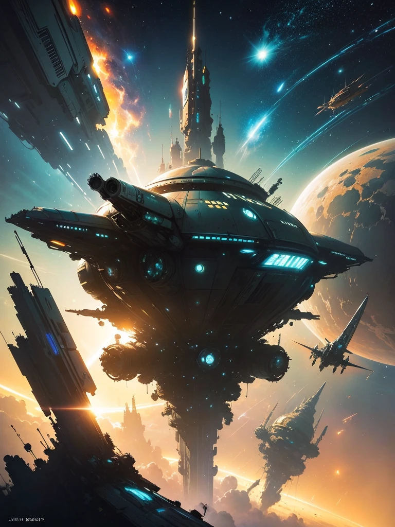 by by John Berkey colorful space, Organic Spacecraft, Photorealistic Space Station, Space Propulsion, heavenly bodies, Volumetric lighting, Sid Mead, Frank Frazetta, by John Berkey, brutalism