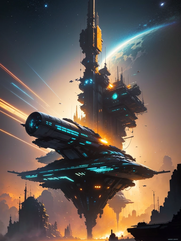 by by John Berkey colorful space, Organic Spacecraft, Photorealistic Space Station, Space Propulsion, heavenly bodies, Volumetric lighting, Sid Mead, Frank Frazetta, by John Berkey, brutalism