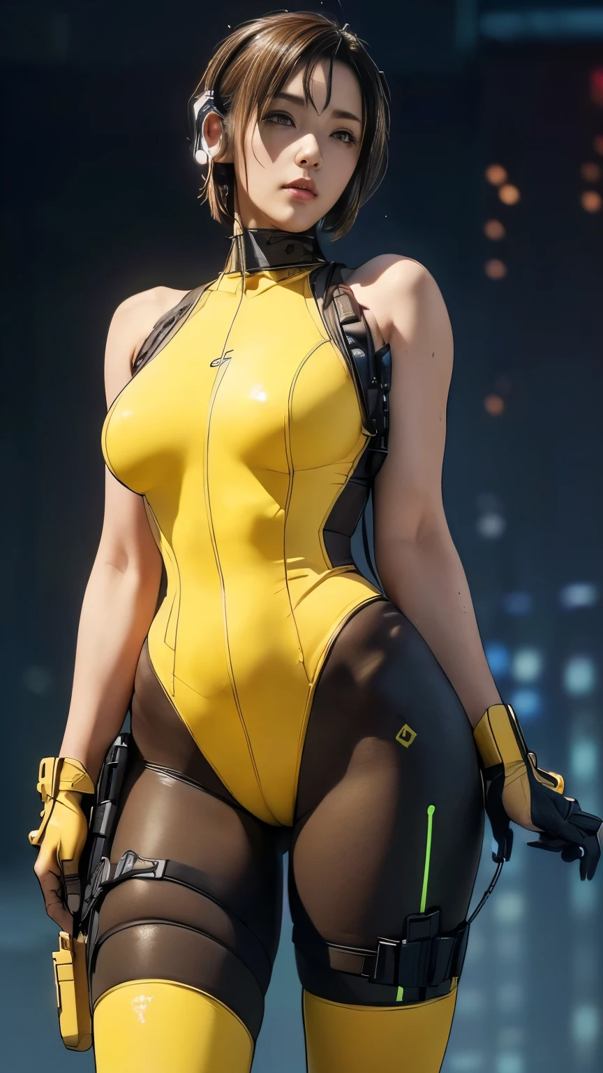 (A woman),(((A female special forces member stands))),((Yellow tactical High leg bodysuit:1.5)),((earphone:1.5)),((Tactical Holster:1.5)),(Gloves:1.5),(Serious:1.5),(Super short hair:1.5),(bionde:1.5),(beautiful eyes:1.3),(Very detailedな顔:1.5),((Very detailed drawing of a female hand:1.5)),((muscular:1.5)),(Sexy appearance:1.5),((Thick thighs:1.5)),(Beautiful Body:1.5),((Very sensual:1.5)),(The backdrop is a futuristic city:1.5),(Cyberpunk atmosphere:1.5),(((Blurred Background:1.5))),(Written border depth:1.5),rest(((masterpiece:1.5),(best quality:1.5),(Very detailed:1.5),(high resolution:1.5),(Practical:1.5),(Practical:1.5),(Delicate depiction),(Carefully drawn))),8k,wallpaper