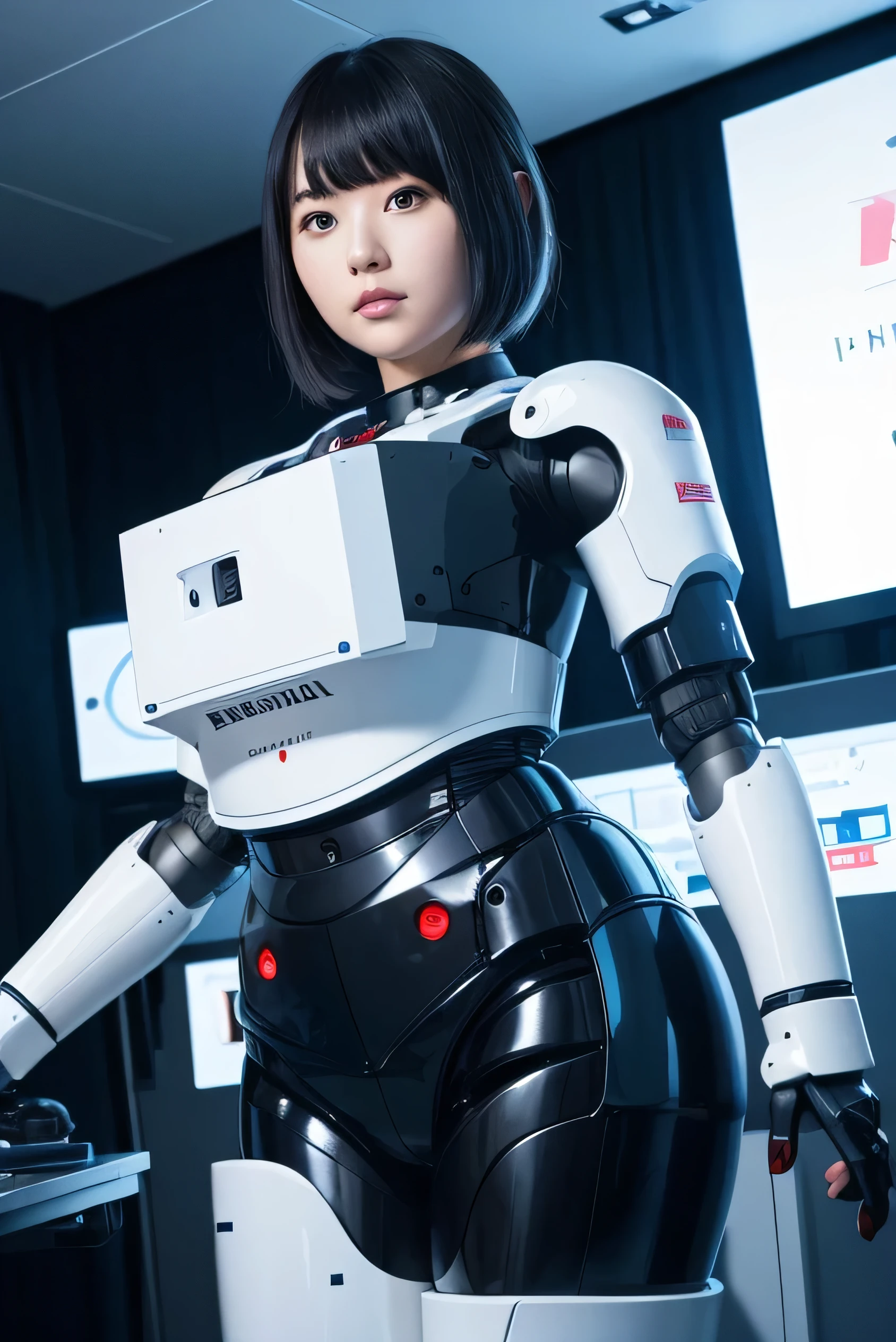 masterpiece, best quality, extremely detailed, Japaese android girl,portrait,Plump,a bit chubby,control panels,android,Droid,Mechanical Hand, Robot arms and legs, Black hair,Blunt bangs,perfect robot girl,long tube,thick cable connected her neck,android,robot,humanoid,cyborg,japanese cyborg girl ,robot-assembly plant,She is assembling now,assembly scene,camera eyes,chest monitor