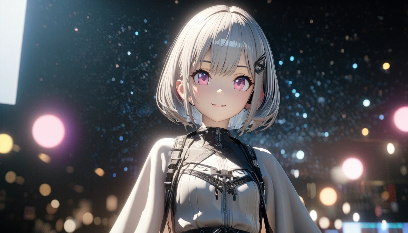 one girl, silver short hair and bob hair、I tied my hair in a bun with a hair clip..、beautiful pink eyes、smile、gentle smile on her face、flat chest, one Beautiful girl,((masterpiece, illustration, best quality) ((ultra-detailed)) {{masterpiece, highest quality, Extremely detailed CG, 8k wallpaper, 3d, Cinema Lighting}}、Punk clothing、Shorts、looking away:1.4、Headphones、 Starry Sky、 night、Natural light、Night beach、One Woman、Calm expression、Beautiful and detailed eyes, 濃い青とBeautiful Blueのグラデーション, High resolution, 8K HD detail, hyper-detail, cinematic, surrealism, soft light, deep field focus bokeh, ray tracing and surrealism. --v6