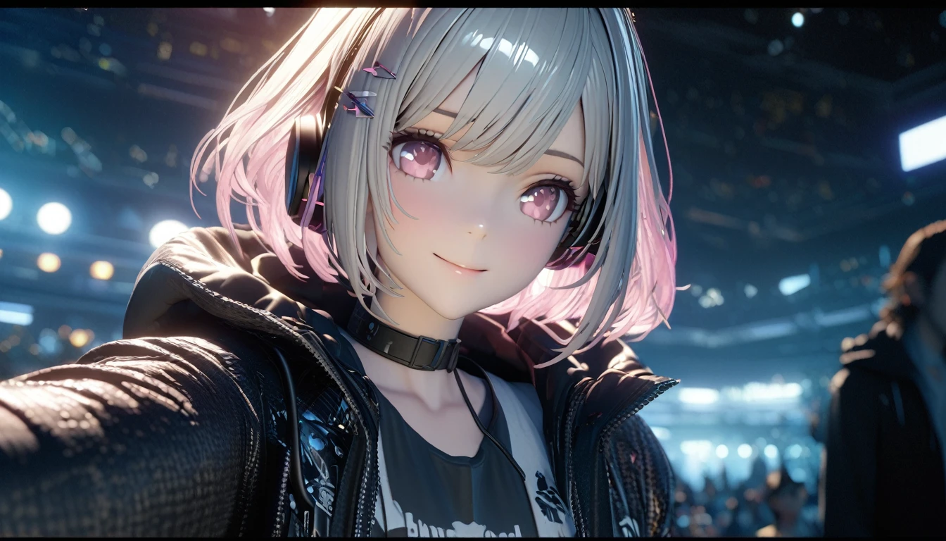 one girl, silver short hair and bob hair、I tied my hair in a bun with a hair clip..、beautiful pink eyes、smile、gentle smile on her face、flat chest, one Beautiful girl,((masterpiece, illustration, best quality) ((ultra-detailed)) {{masterpiece, highest quality, Extremely detailed CG, 8k wallpaper, 3d, Cinema Lighting}}、Punk clothing、Shorts、looking away:1.4、Headphones、 Starry Sky、 night、Natural light、Night beach、One Woman、Calm expression、Beautiful and detailed eyes, 濃い青とBeautiful Blueのグラデーション, High resolution, 8K HD detail, hyper-detail, cinematic, surrealism, soft light, deep field focus bokeh, ray tracing and surrealism. --v6