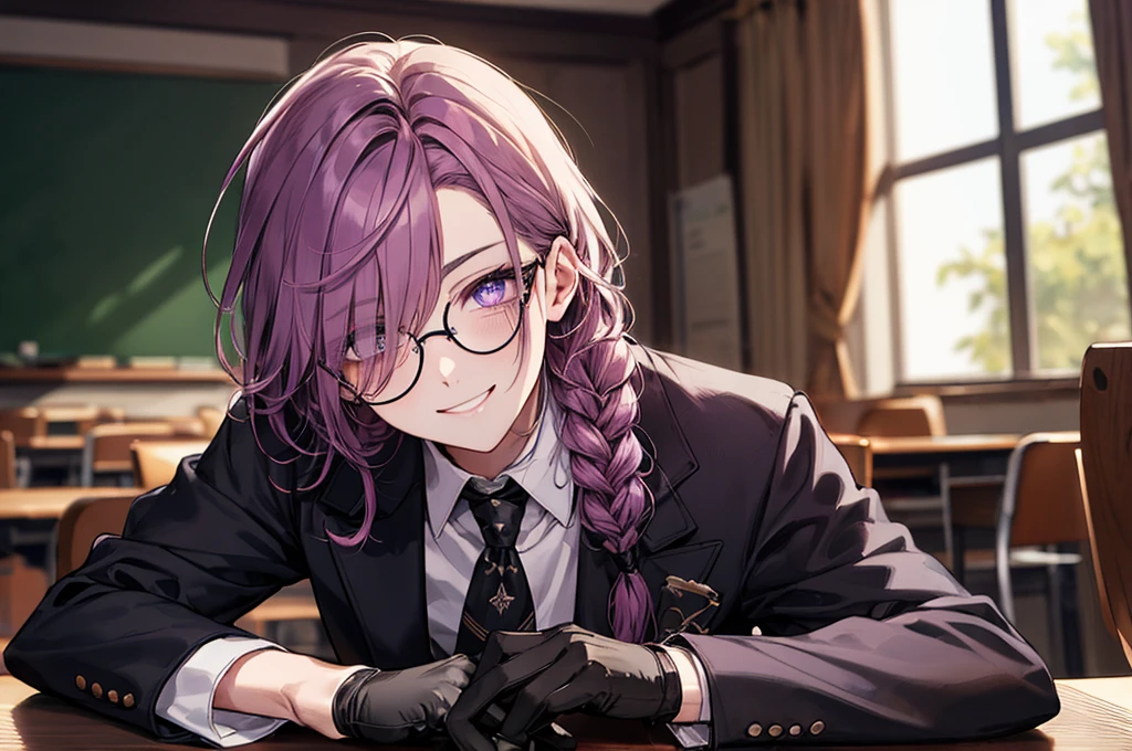 men's，single braid hair，violet colored hair，（Eye 1：2，Clear eyes，Elaborate Eyes，Delicate pupils，Good eyes，eye detailed），Face Focus，Adult，In black suit，best qualtiy，facial detailing，‎Classroom，sit on desk，sitting in the couch，lazy，Detailed background，diffuse sunlight，depth of fields，Studying　Smiling at your desk, violet eyes,black gloves, round glasses, long sleeves,violet hair, smile,