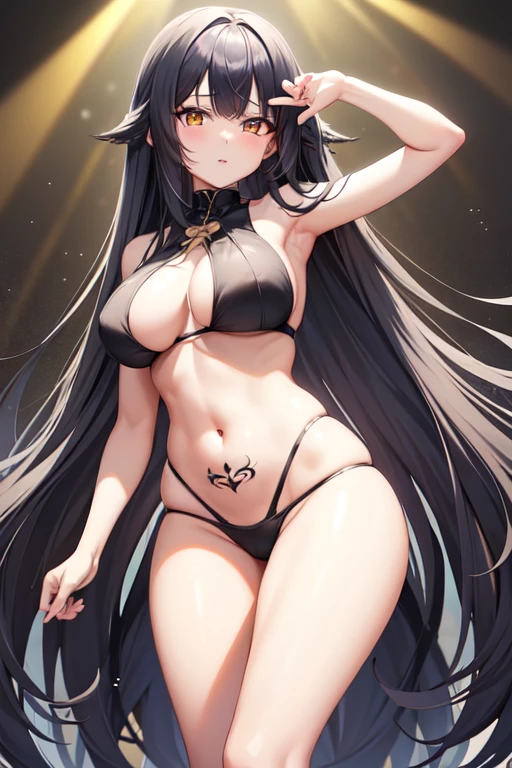 アニメ風, beautiful girl,long hair with bangs,
Hair color; black and white hair, but with black bangs and a few strands of black hair Body: very big breasts, small waist, Wide hips, chubby thighs, culona (wasp body)
Imegen: tiene un tatuaje en el pecho de una araña 🕷️ y en el abdomen bajo tiene un tatuaje tambien de flor de loto 🪷
Ojos: heterocromina, one eye is black and the other is light blue crystalline