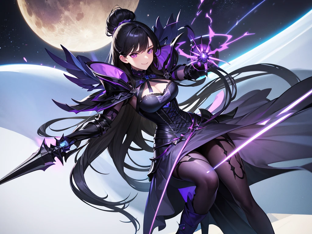 woman dress/blue adamantium female victorian armor, violet, black not so sensual. Laughing black hair honey eyes space moon full body.