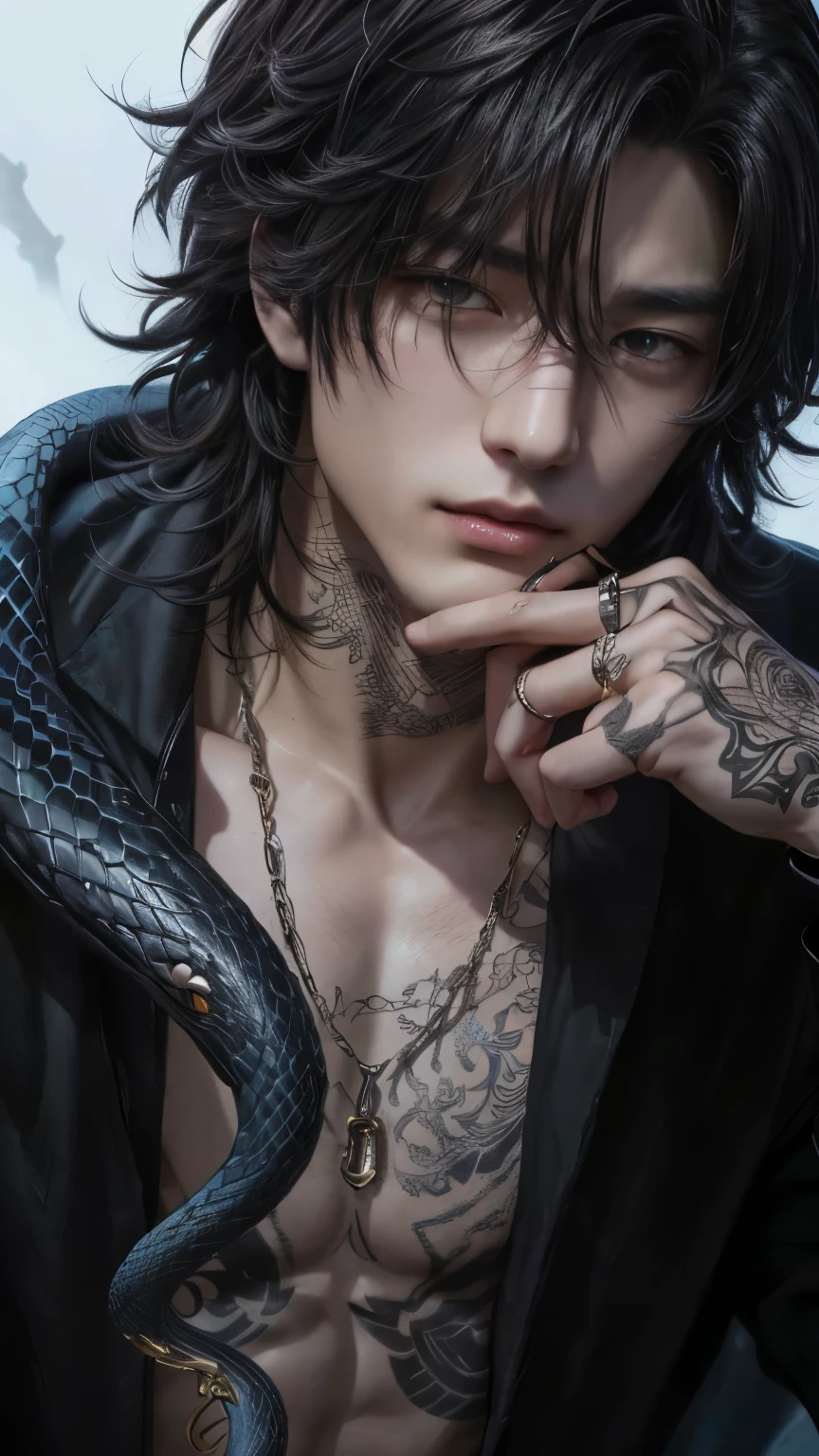 a close up of a person with a snake on his hand, handsome guy in demon slayer art, handsome japanese demon boy, detailed digital anime art, detailed anime character art, clean detailed anime art, handsome anime pose, anime character; full body art, highly detailed exquisite fanart, male anime style, detailed anime artwork, badass anime 8 k, male anime character, jung kook, jk, jeon jk, jungkook jeon