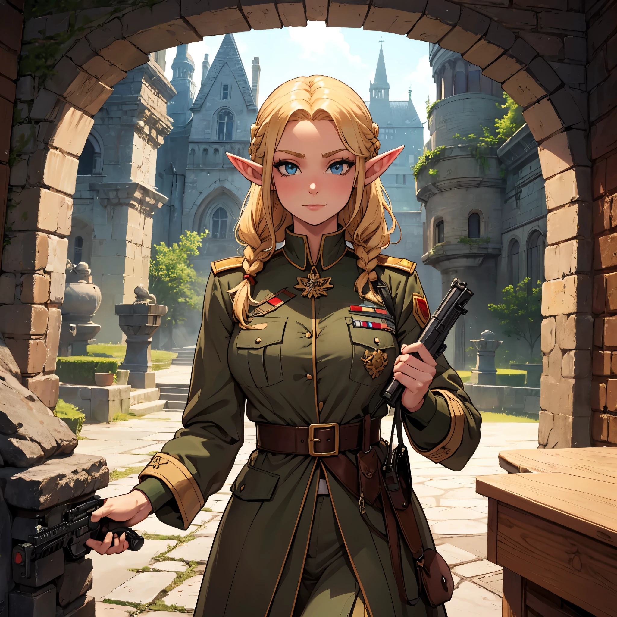 score_9, score_8_above, score_7_above, score_6_above, fountain_cheered up, 1 girl, elf, BREAK blonde hair, braid, pointy ears, 
medium breasts, military uniform, Assault rifle, BREAK old castle, evening, city, remains, Orc, elf, elfs,
