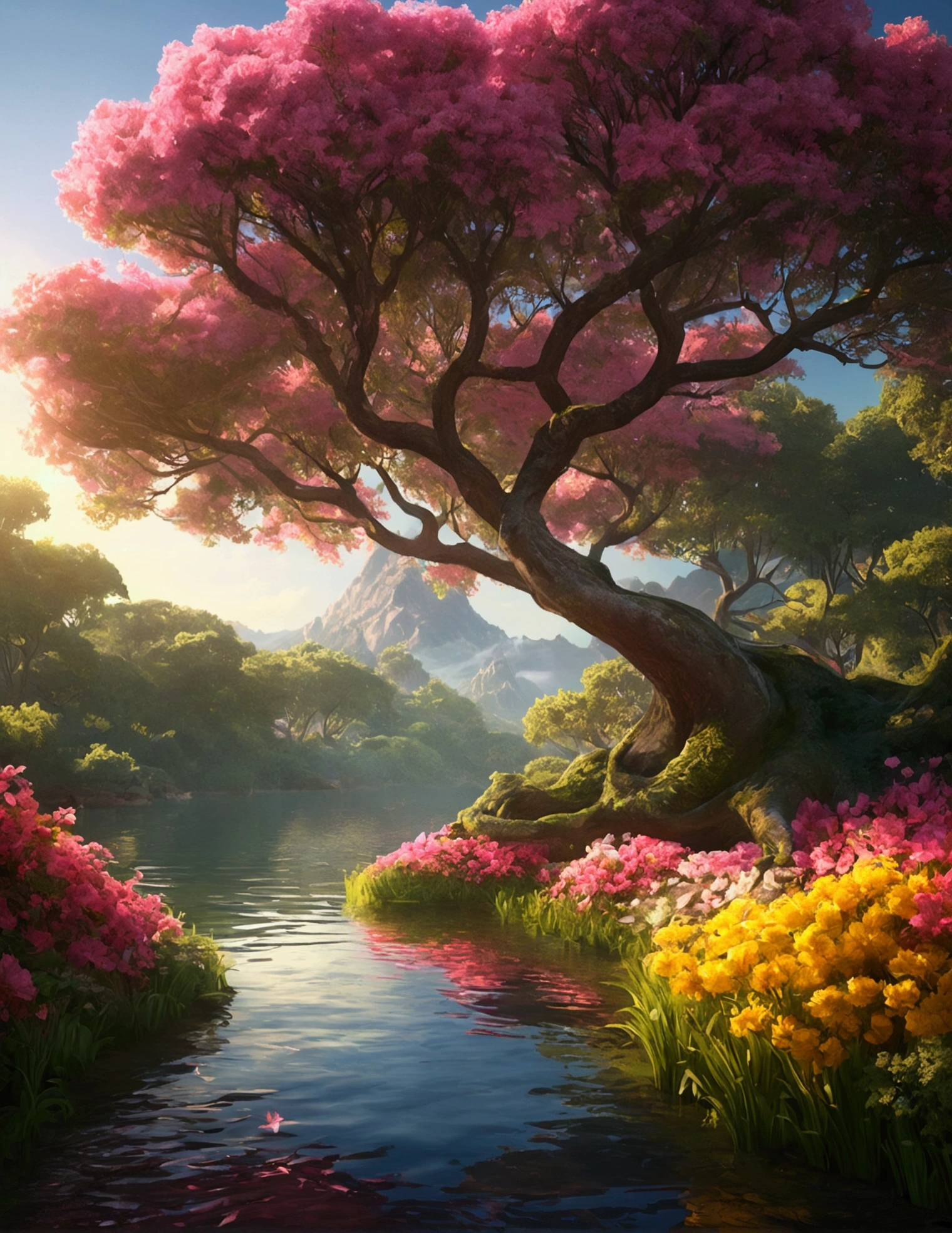 A towering, Lush trees decorated with vibrant pink and yellow flowers，Add sparkle to tranquil landscapes. breeze blows，The leaves tremble slightly, Creates a ripple effect on a nearby tranquil lake. Sunlight filtering through the green canopy, Injecting otherworldly charm into the landscape. (masterpiece: 1.8, best quality) (Extremely detailed CG unified 8K wallpaper, landscape art, ethereal, filigree, intricate details) (A dramatic play of sunlight and shadow) (Popular topics on ArtStation, CG society) (beautiful floral aesthetics,