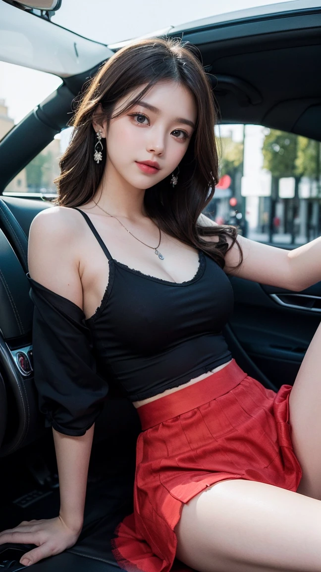 ((She parked in a parking space on the Champs-Élysées and Sitting in the driver's seat of a Roadster Cabriolet, holding the wheel:1.5)), (masterpiece:1.3), light makeup, red lips, beautiful hair, (Medium Hair:1.3), elegant, soft lighting, Very fine details, masterworks, authentic texture, perfect work, 16k, high resolution, exquisite features, brown eyes, (Ultra-high resolution eye:1.1), Japanese idol, beautiful face, (gentle smile like a goddess), attractive, well-shaped breasts, beautiful cleavage, Nipples are erect, shiny skin, smooth skin, BREAK, ((Black camisole with Tailored linen shirt with sleeves rolled up)), ((Red Tulle long skirt:1.3), BREAK, earrings, necklace, BREAK, upper body, Sitting position, (Spread legs:1.3),
