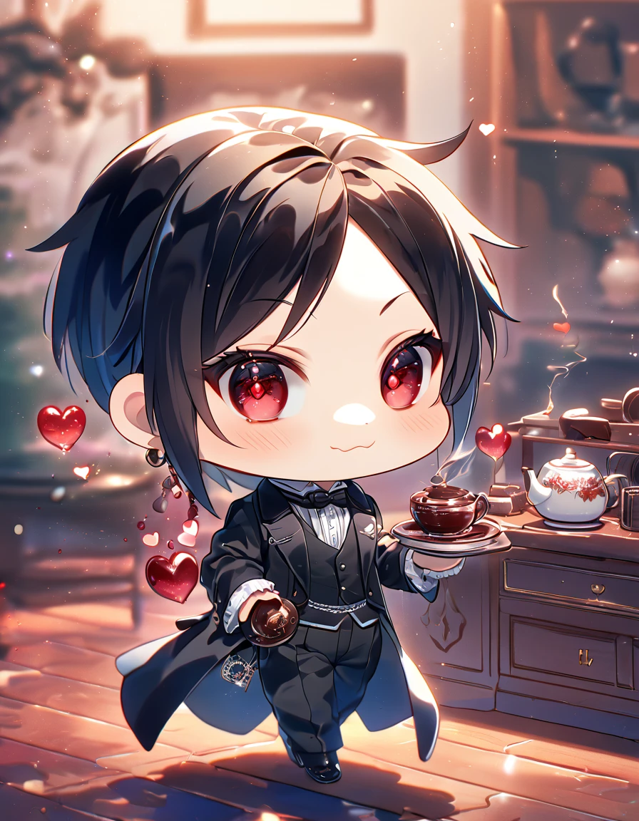 Ultra detailed, HDR, Highres, absurdres, master piece, Sebastian Michaelis, chibi, black hair, expressive red eyes, black clothes, black pants, Kuroshitsuji, fantasy, magical, holding a tea pot, room, chocolate, hearts, best quality, cute, Black Butler, black shoes