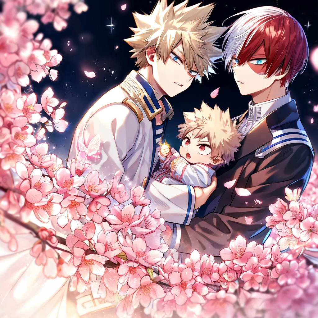 absurdres, highres, ultra detailed, HDR, master piece, best quality, extremely detailed, Todoroki Shouto, bicolored hair, right side of the hair white, left side of the hair red, expressive blue eyes, Boku No Hero Academia, Bakugo Katsuki, ash-blonde hair, expressive red eyes, two men carrying a baby, yaoi, gay couple, black coat, white coat, magical, sparkling, pink glittering fireflies, pink ice, pink ice butterflies, pink ice petals, pink ice cherry blossoms, pink crystal, pink flowers, pink moon