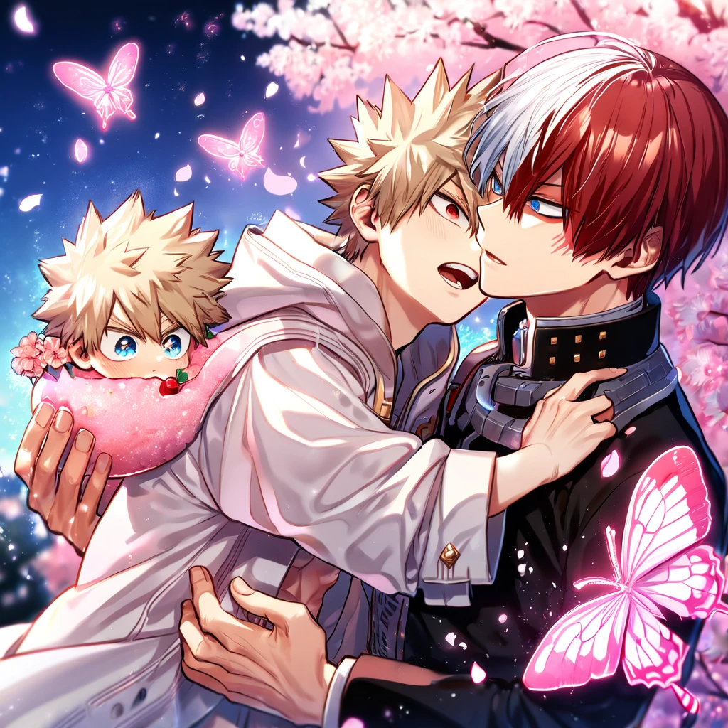 absurdres, highres, ultra detailed, HDR, master piece, best quality, extremely detailed, Todoroki Shouto, bicolored hair, right side of the hair white, left side of the hair red, expressive blue eyes, Boku No Hero Academia, Bakugo Katsuki, ash-blonde hair, expressive red eyes, two men carrying a baby, yaoi, gay couple, black coat, white coat, magical, sparkling, pink glittering fireflies, pink ice, pink ice butterflies, pink ice petals, pink ice cherry blossoms, pink crystal, pink flowers, pink moon