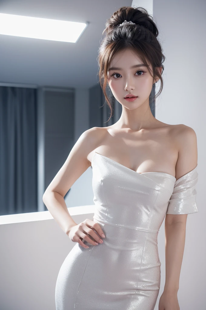 Shiny One-Shoulder Party Dress, Dress, best quality, masterpiece, illustration, realistic, photo-realistic, amazing, finely detail, incredibly absurdres, huge filesize, ultra-detailed, highres, extremely detailed CG unity 8k wallpaper, nsfw, A young female K-pop idol, wearing a one-shoulder dress, She is being photographed close-up, in high resolution, under bright indoor lighting. She looks elegant and sophisticated, with professional makeup and a stylish hairstyle. Stand Up Pose like Model , White Backdrop, clean White. 3:2 shot ,fully body photo. High quality work ,