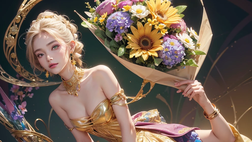 32K, 最高quality, 最高masterpiece, (ultra-Detailed Background, Detailed Background), Absurd, High resolution, Super detailed, Very detailedな, One girl, (bouquet:1.3), (Tangled:1.2), (Geometric:1.2),(colorful),(masterpiece, quality, best quality, Official Art, Beautiful and beautiful:1.2), (1 girl:1.3), Very detailed,(colorful:1.1)(Flowers:1.3),Most detailed,(Tangled:1.2), whole body, (Abstract background:1.3), (Skin glows), (Many colors:1.4), ,(Earrings Jewelry:1.5), Pale yellow background,