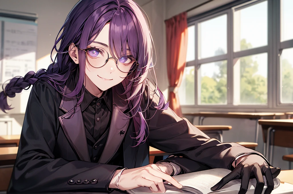 men's,single braid hair,violet colored hair,(Eye 1:2,Clear eyes,Elaborate Eyes,Delicate pupils,Good eyes,eye detailed),Face Focus,Adult,In black suit,best qualtiy,facial detailing,Classroom,sit on desk,sitting in the couch,lazy,Detailed background,diffuse sunlight,depth of fields,Studying Smiling at your desk, violet eyes,black gloves, round glasses, long sleeves,violet hair, smile,