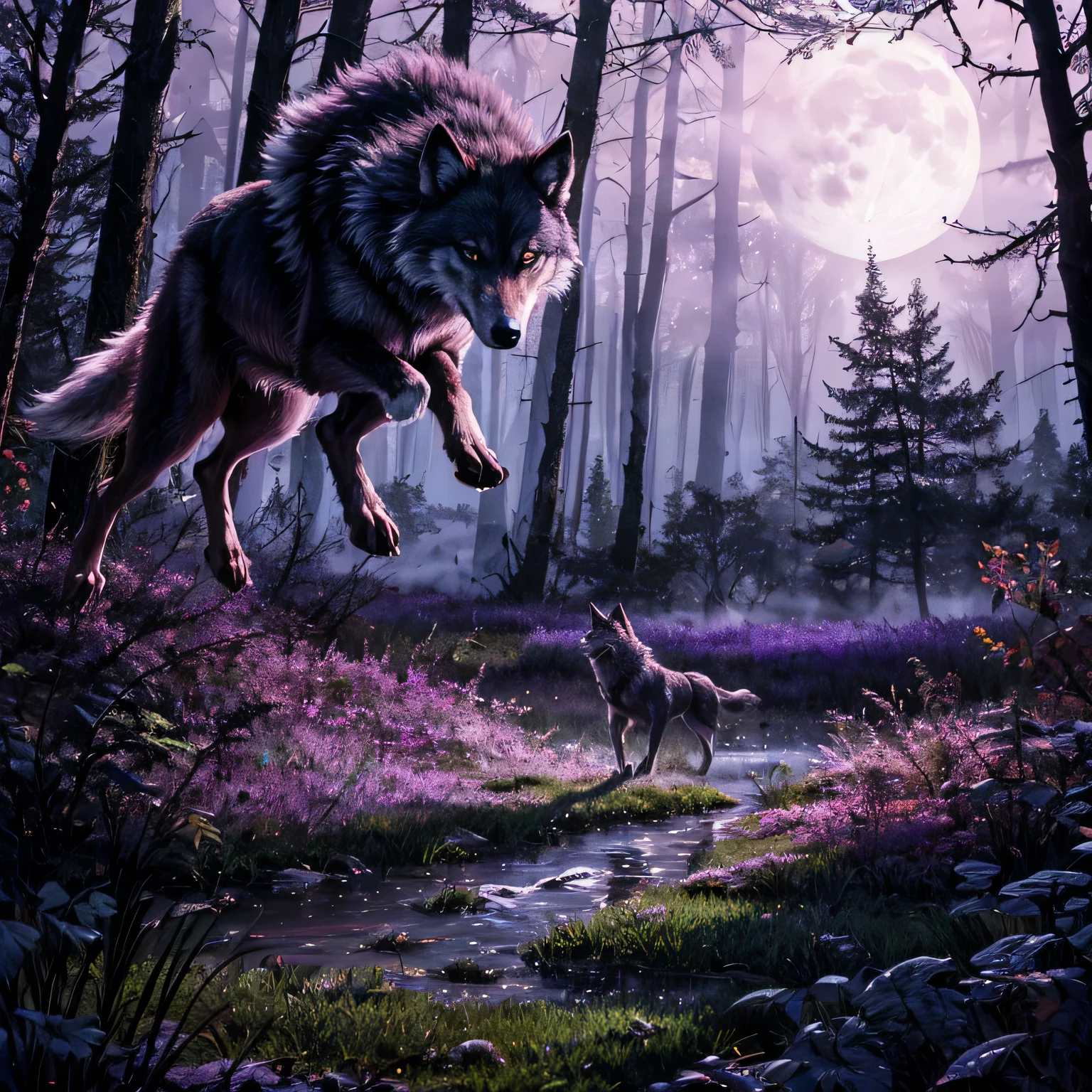The wolf jumps in a leap, ready to attack the prey. Against the background of a moonlit forest. Purple fog. Deep, rich colors and intricate details. ((Karn Griffiths and Charles Wess))