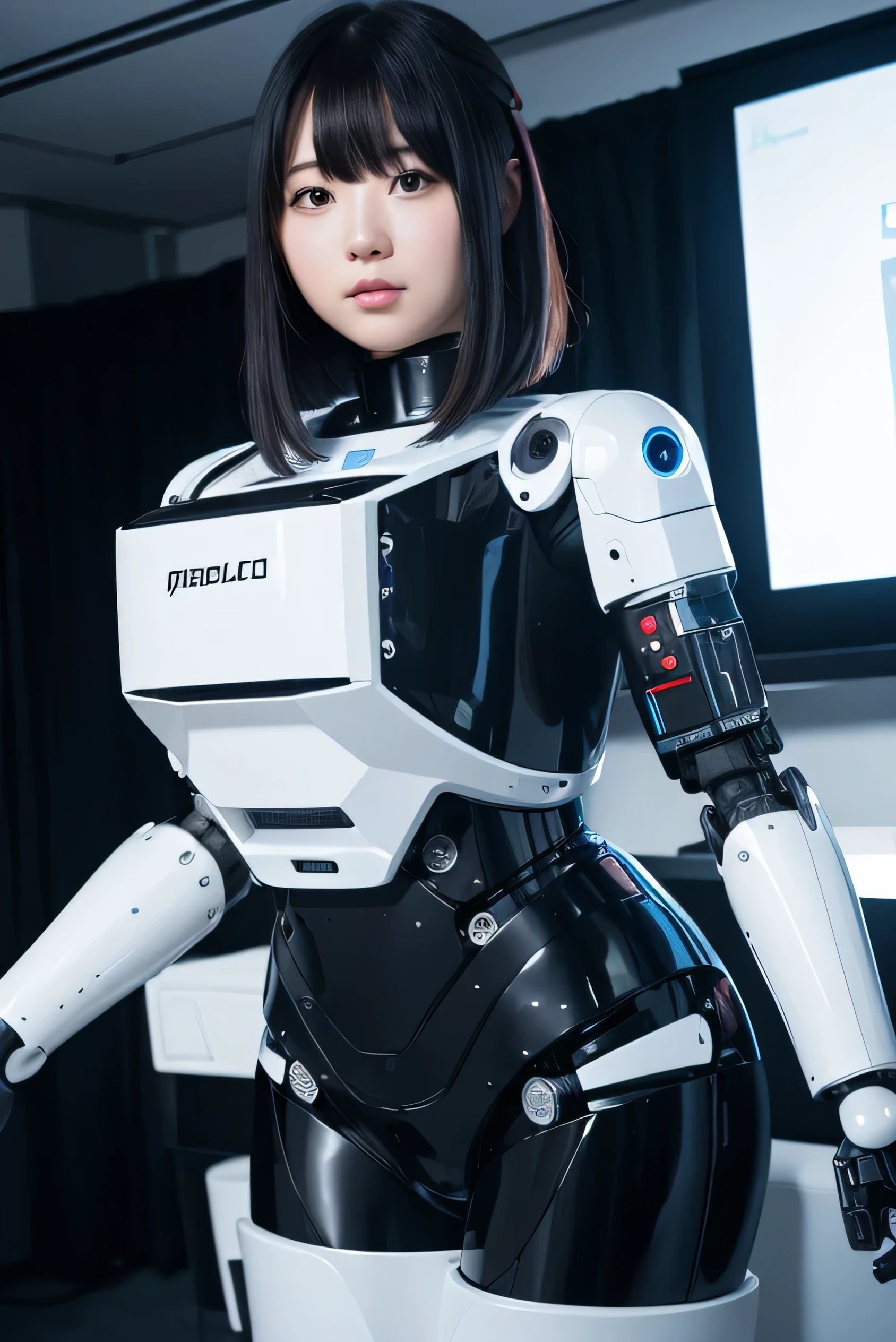 masterpiece, best quality, extremely detailed, Japaese android girl,portrait,Plump,a bit chubby,control panels,android,Droid,Mechanical Hand, Robot arms and legs, Black hair,Blunt bangs,perfect robot girl,long tube,thick cable connected her neck,android,robot,humanoid,cyborg,japanese cyborg girl ,robot-assembly plant,She is assembling now,assembly scene,camera eyes,chest monitor