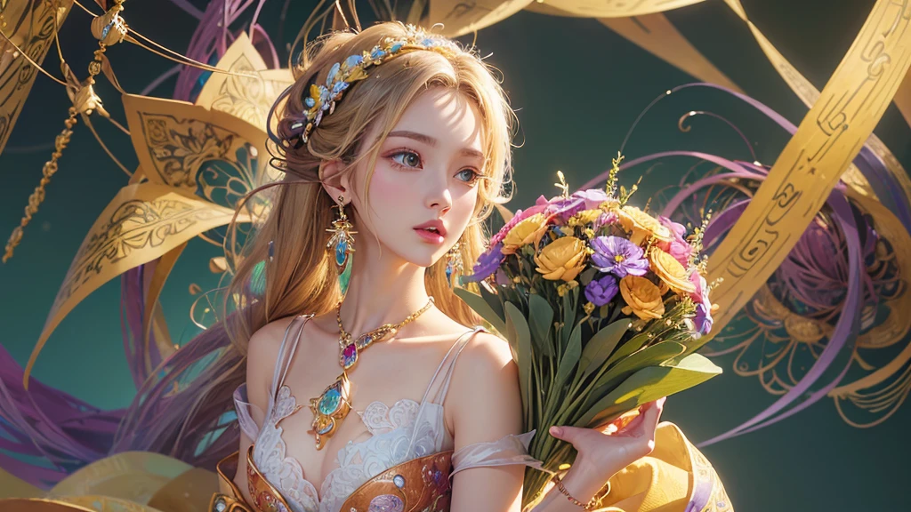32K, 最高quality, 最高masterpiece, (ultra-Detailed Background, Detailed Background), Absurd, High resolution, Super detailed, Very detailedな, One girl, (bouquet:1.3), (Tangled:1.2), (Geometric:1.2),(colorful),(masterpiece, quality, best quality, Official Art, Beautiful and beautiful:1.2), (1 girl:1.3), Very detailed,(colorful:1.1)(Flowers:1.3),Most detailed,(Tangled:1.2), whole body, (Abstract background:1.3), (Skin glows), (Many colors:1.4), ,(Earrings Jewelry:1.5), Pale yellow background,