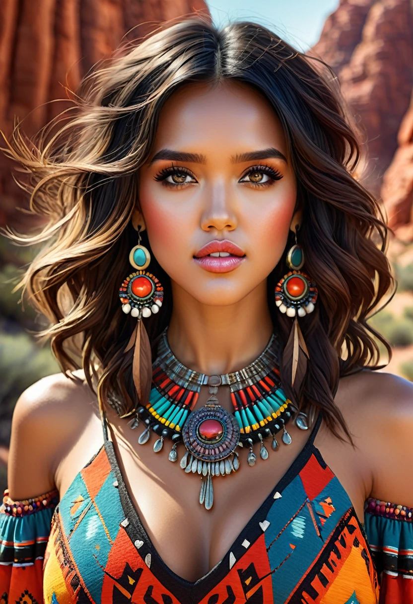 Beautiful boho women stunning merge of Jessica Alba. with colorful southwestern style dress. colorful southwestern earing and. jewelry dark-black colored hair that is coarse, wiry, and tightly curled. It often has a rough texture, feels stiff to the touch, and may be prone to frizz and tangling. The curls can be densely packed. The Official Art – An Award-Winning Digital Masterpiece In 4K Ultra HD, Extreme Detail And Intricate Realism. symmetrical face. This Concept Art Brought To Life By The Hands Of Artists Like Wlop & Artgerm In A Stunning 2D Vector Illustration. large, perky, full, vuluptious, symmetrical and spherical breasts. Background is a beautiful panoramic vista of a red rock canyon.
