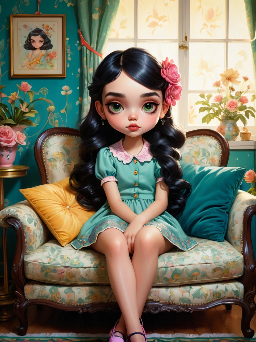 in style of Caia Koopman, full girl portrait of character sitting in the living room