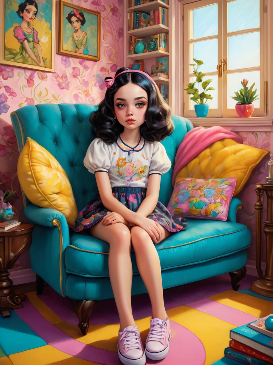 in style of Caia Koopman, full girl portrait of character sitting in the living room