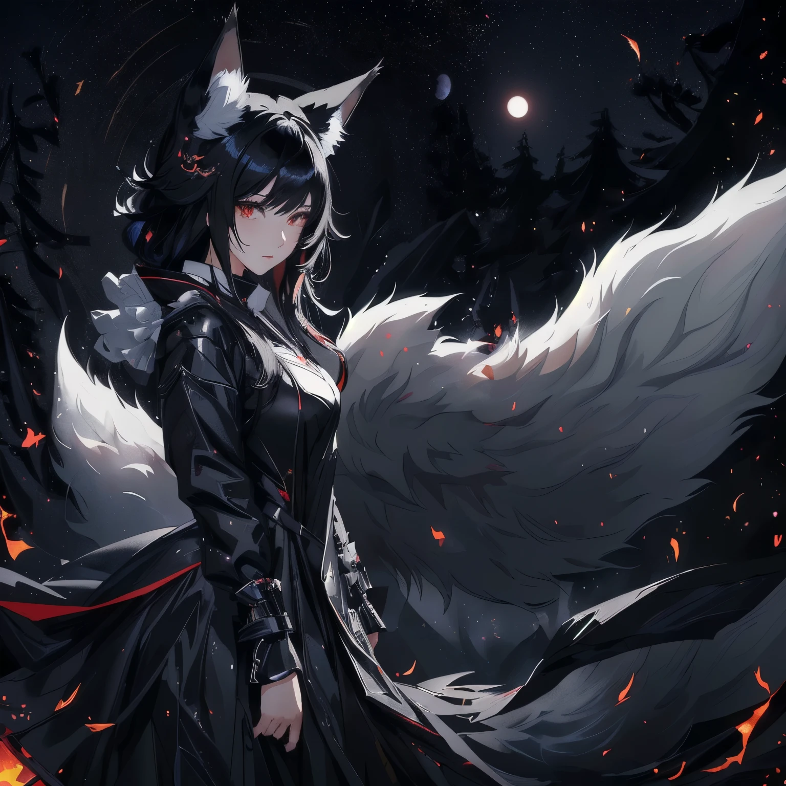 anime, anime girl, fox, fire, black, white, black hair, black eyes, black dress, black hair, black wings, black hair, dark fox mage, by Yang J, anime art wallpaper 4 k, anime art wallpaper 4k, a beautiful fox lady, very very beautiful furry art, trending on artstation pixiv, ahri