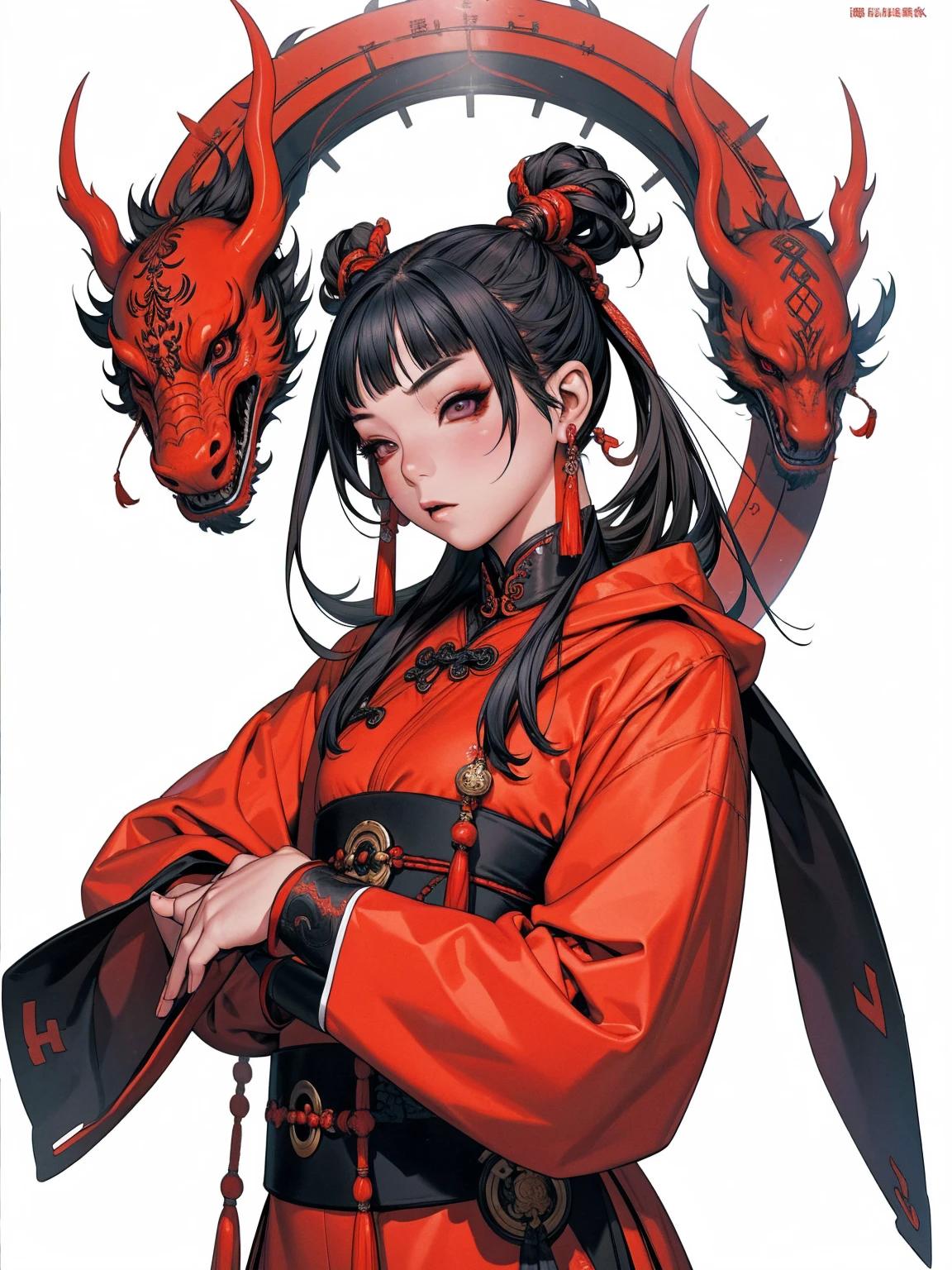 A Chinese girl in a red technological outfit with a dragon-shaped hood, scale print, beautiful girl with long black hair with straight bangs covering her entire forehead, slanted eyes with typical Chinese makeup, very white skin, super modern clothes, high collar, long garter ribbon, background with chinese temples