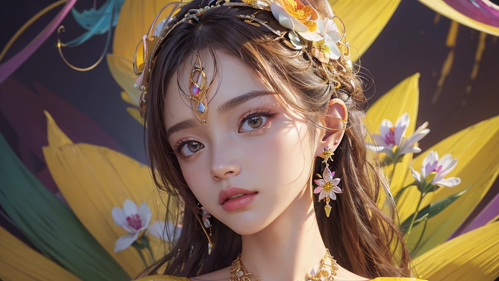 32K, 最高quality, 最高masterpiece, (ultra-Detailed Background, Detailed Background), Absurd, High resolution, Super detailed, Very detailedな, One girl, (bouquet:1.3), (Tangled:1.2), (Geometric:1.2),(colorful),(masterpiece, quality, best quality, Official Art, Beautiful and beautiful:1.2), (1 girl:1.3), Very detailed,(colorful:1.1)(Flowers:1.3),Most detailed,(Tangled:1.2), whole body, (Abstract background:1.3), (Skin glows), (Many colors:1.4), ,(Earrings Jewelry:1.5), Pale yellow background,