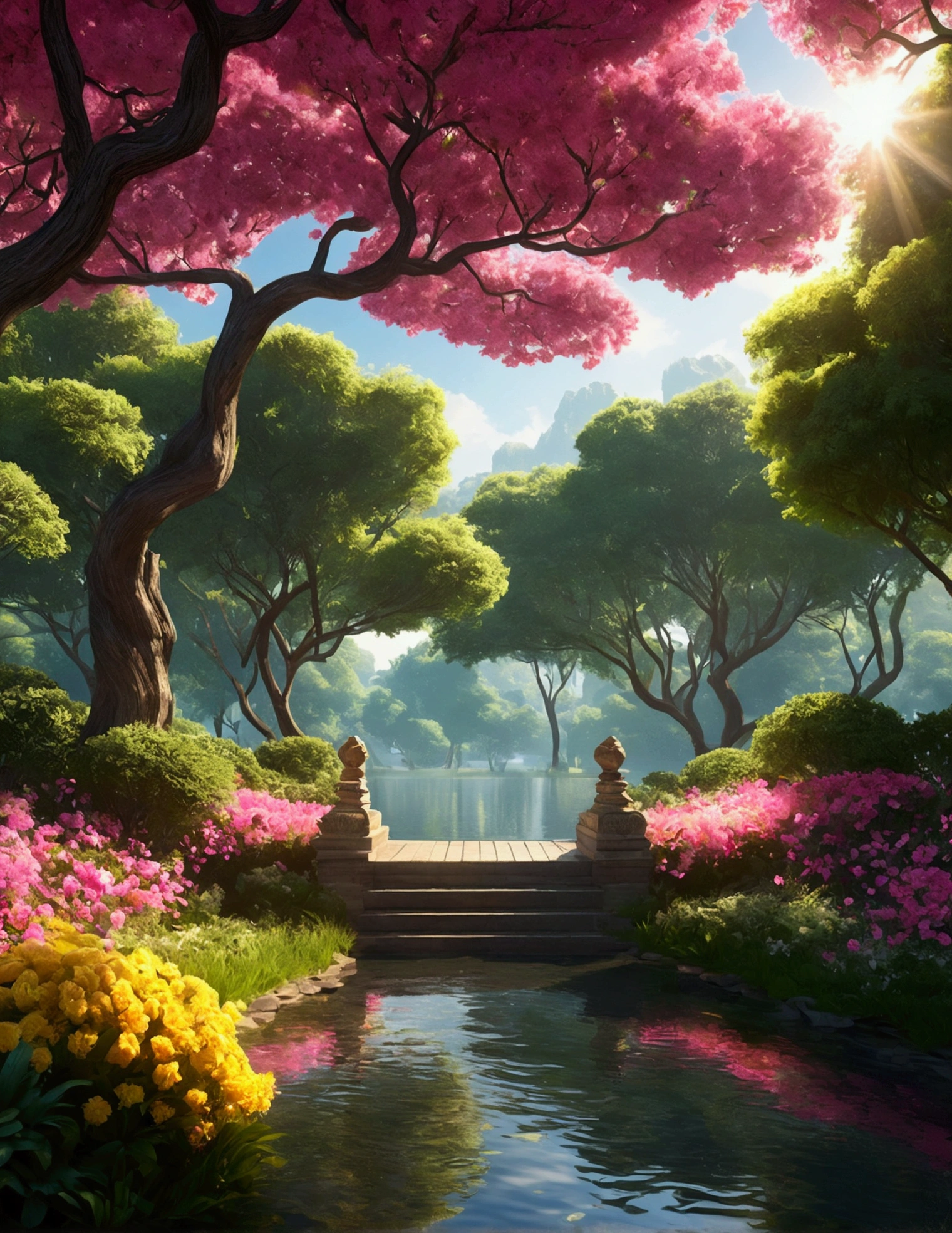 A towering, Lush trees decorated with vibrant pink and yellow flowers,Add sparkle to tranquil landscapes. breeze blows,The leaves tremble slightly, Creates a ripple effect on a nearby tranquil lake. Sunlight filtering through the green canopy, Injecting otherworldly charm into the landscape. (masterpiece: 1.8, best quality) (Extremely detailed CG unified 8K wallpaper, landscape art, ethereal, filigree, intricate details) (A dramatic play of sunlight and shadow) (Popular topics on ArtStation, CG society) (beautiful floral aesthetics,