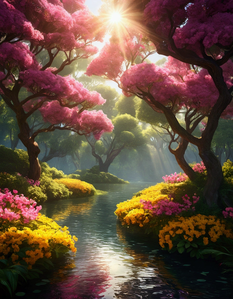 A towering, Lush trees decorated with vibrant pink and yellow flowers,Add sparkle to tranquil landscapes. breeze blows,The leaves tremble slightly, Creates a ripple effect on a nearby tranquil lake. Sunlight filtering through the green canopy, Injecting otherworldly charm into the landscape. (masterpiece: 1.8, best quality) (Extremely detailed CG unified 8K wallpaper, landscape art, ethereal, filigree, intricate details) (A dramatic play of sunlight and shadow) (Popular topics on ArtStation, CG society) (beautiful floral aesthetics,