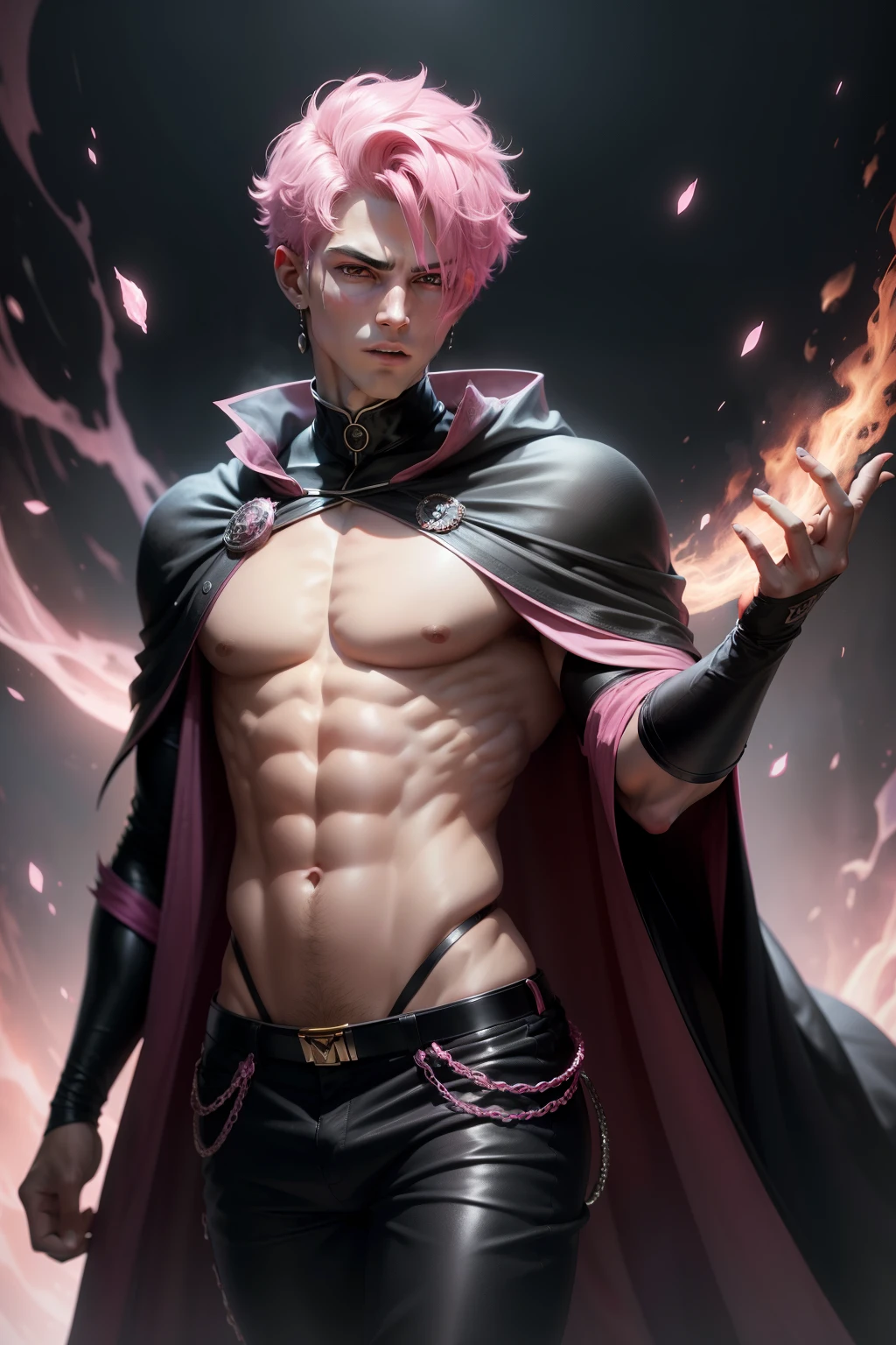 (8k,photoshotrrealista photoshot Maximum quality;1.4) (ung boy) Super handsome king of the underworld (lifelike face) (Short-haired pink hair) slenderbody Muscular and macho Black and pink aristocratic costume with big pink eyes pink decoration Fangs peeking out of the mouth Pointed claws a seductive gaze Beautiful expression A hyper-realistic (King of the Underworld) appealing (real looking skin) super high resolution high détail Luxurious black and pink pants Pink aura emanating from the body effect black robe