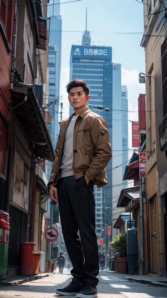 an Indonesian man wearing a jacket and standing straight facing the front. The photo was taken from a front position, urban background, the image looks like it was taken by a professional photographer.