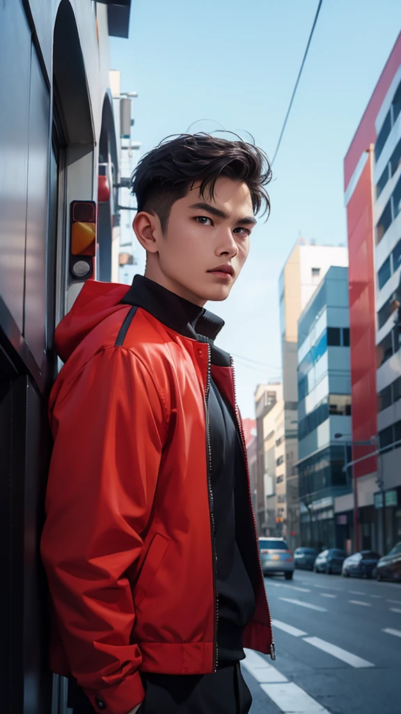 an Indonesian man wearing a jacket and standing straight facing the front. The photo was taken from a front position, urban background, the image looks like it was taken by a professional photographer.