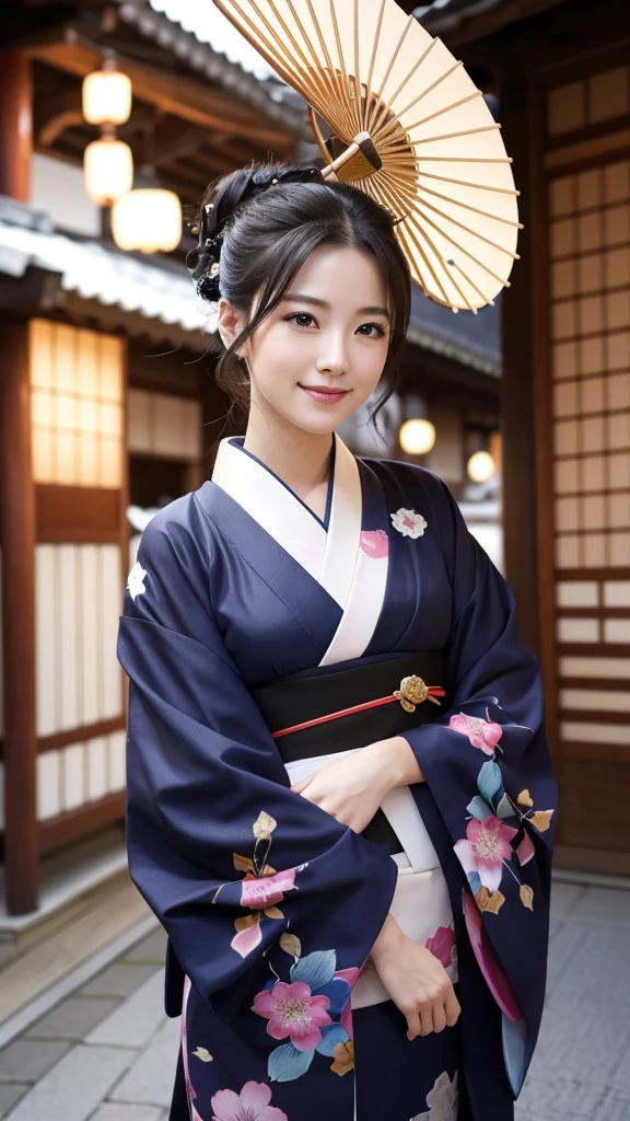 (Super beautiful woman in kimono)、((highest quality、8K masterpiece:1.3))、sharp focus:1.2、(super beautiful face:1.0)、(shiny skin:1.0)、realistic pictures、black hair、video lighting、High resolution eyes and face、video lighting、japanese actress、from the front、with a happy smile、whole body、wearing a kimono、in Kyoto、(luxury obi)、with a fan、Fireworks Display
