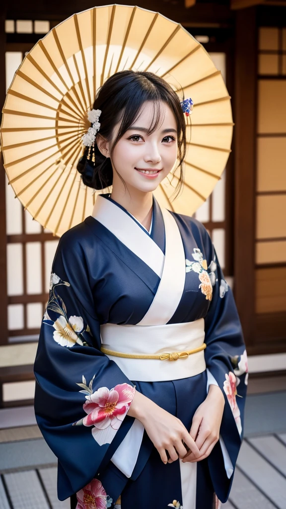 (Super beautiful woman in kimono)、((highest quality、8K masterpiece:1.3))、sharp focus:1.2、(super beautiful face:1.0)、(shiny skin:1.0)、realistic pictures、black hair、video lighting、High resolution eyes and face、video lighting、japanese actress、from the front、with a happy smile、whole body、wearing a kimono、in Kyoto、(luxury obi)、with a fan、Fireworks Display
