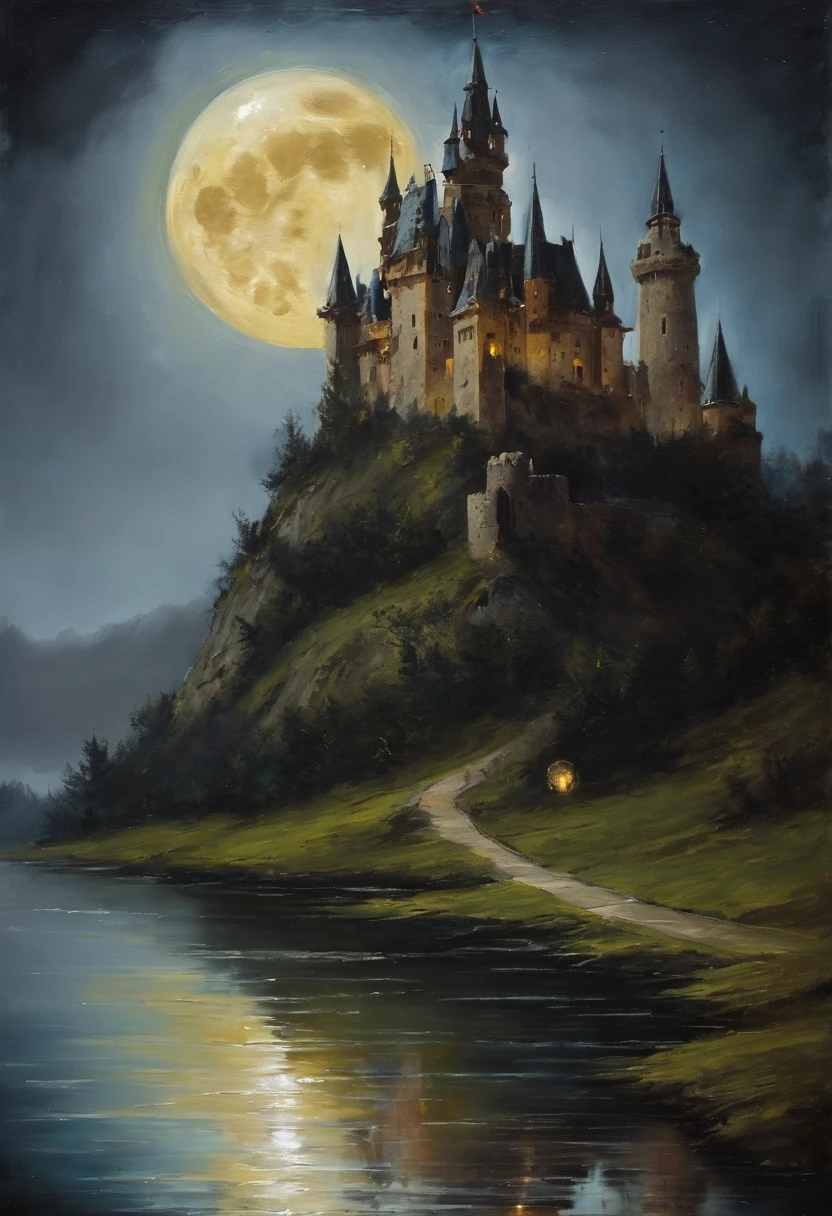 frame, old picture, horror, period, castle, moon, oil paint, hand paint