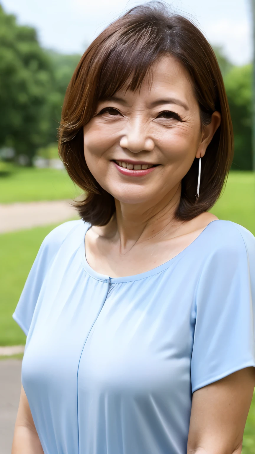 Standing in the park, Wrinkles around the eyes, Smiling with teeth showing, Plain short-sleeved clothing, senior citizen, Draw lips correctly, Red lipstick, No discomfort, 16K, Highest quality, Very detailed, Realistic, Very detailed肌, (Japanese), (alone), 60 years old, Large Breasts, , Glamour, sexy, Chromo White Skin, Staring straight ahead,