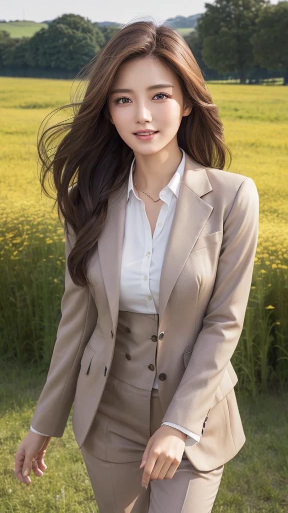 highest quality、genuine、Super detailed、finely、High resolution、8k wallpaper、one beautiful woman、、、light brown disheveled hair、wearing a business suit、sharp focus、perfect dynamic composition、beautiful and detailed eyes、thin hair、Detailed genuine skin texture、smile、model body shape、In a windswept meadow